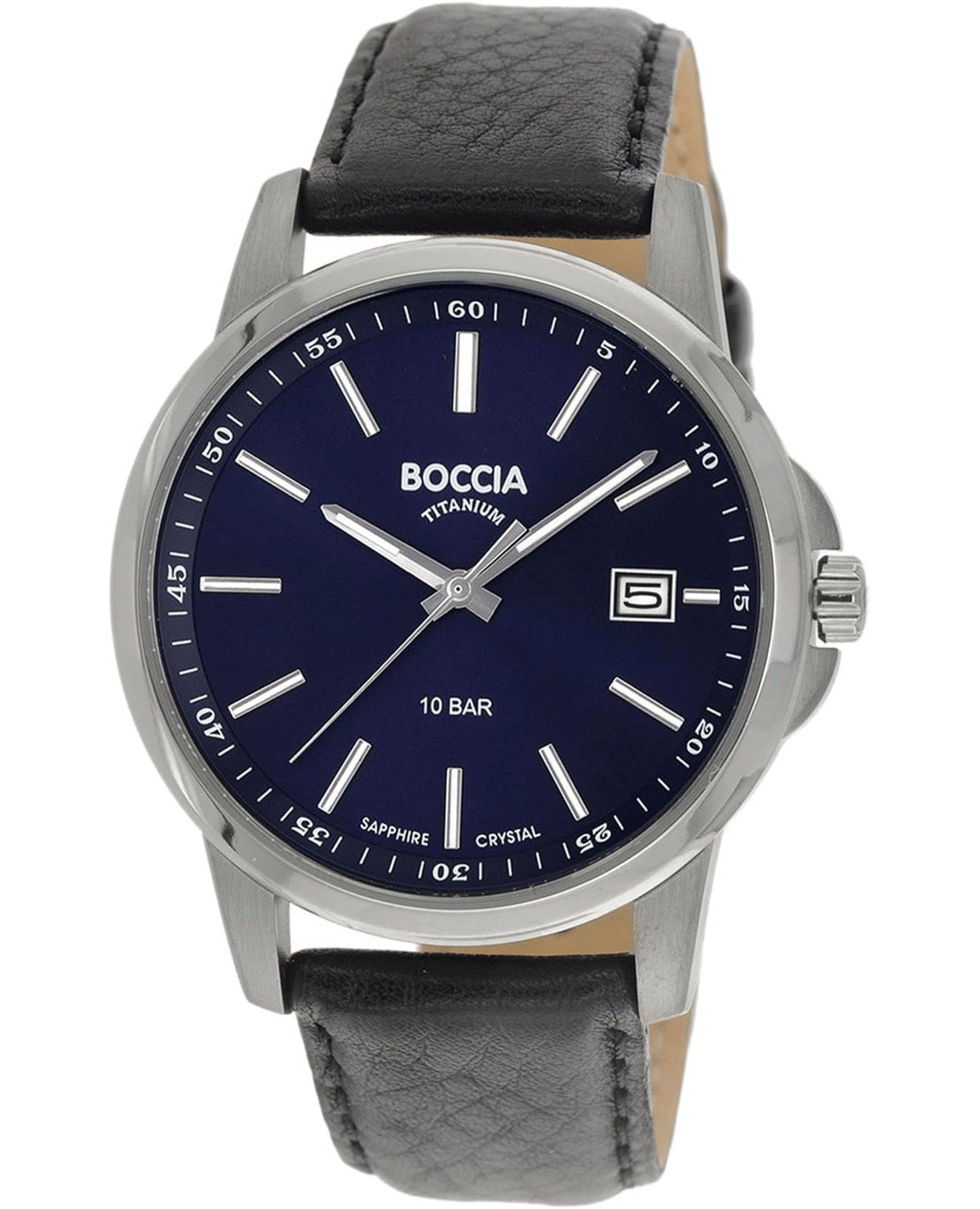 Boccia Titanium Boccia Titanium 3633-01  3633-01 кварцевые мужские часы синий циферблат, браслет кожаный — вид спереди